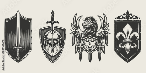 A collection of vintage heraldic shields and emblems in black and white