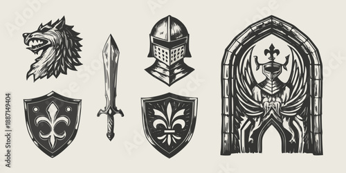 Medieval heraldry elements wolf head sword helmets shields and gothic archway