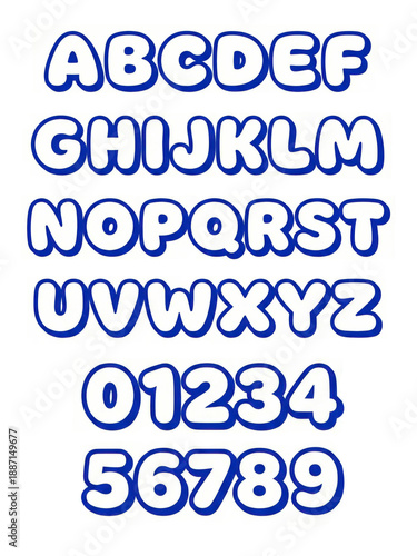 A colorful display of bold, bubble-style letters and numbers in blue, perfect for educational purposes or creative projects.