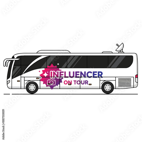 Influencer on tour bus with camera logo side view