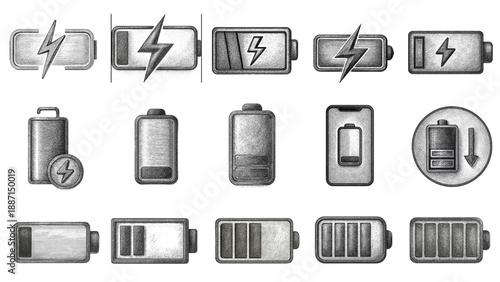 Set of Metallic Battery Status and Charging Icons with Graphite Sketch Texture Isolated on White