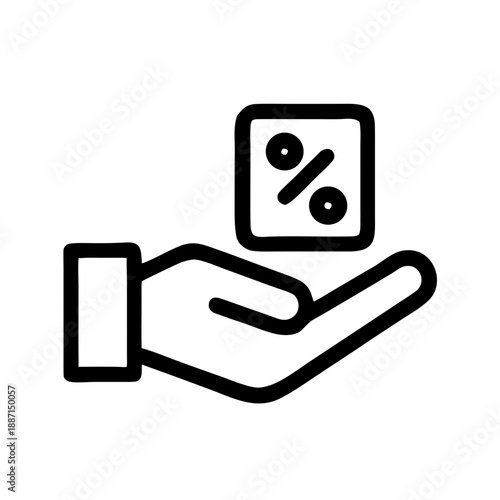 A minimalist black line art icon of a palm holding a square block with a percentage symbol, representing a discount, offer, or savings.