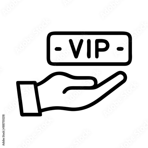 A minimalist black line icon, showing a stylized open palm with a cuffed sleeve, holding up a rounded rectangular sign printed with the word 