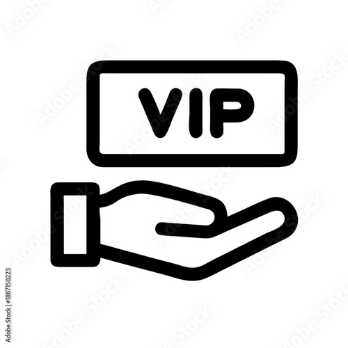 Black outline of a hand holding a VIP membership card. White, background, isolated. Ideal for business blogs, loyalty program apps, or marketing sites about premium customer rewards.