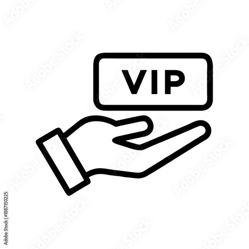 The flat UI icon with thin black lines on a white background features a palm facing upwards with cuffs, and a rounded rectangular sign with the word 