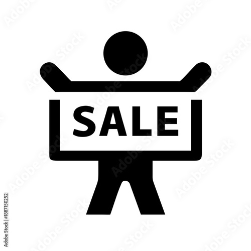 A minimalist black stick figure icon, with arms raised to hold a rectangular sign printed with the word 