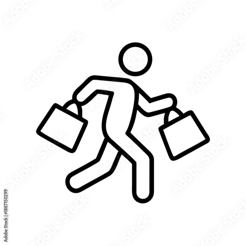 Minimalist line icon of a running stick figure carrying shopping bags in both hands, representing retail activity, consumer shopping, or hurry during sales.
