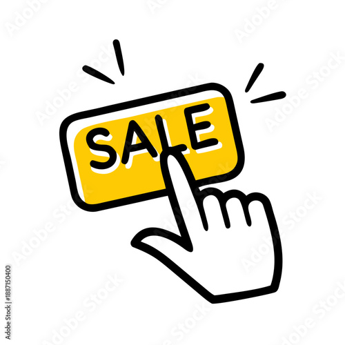 Flat cartoon icon of a hand clicking a yellow sale button, isolated on a white background. Ideal for e-commerce blogs and retail sites for discount and promo topics.