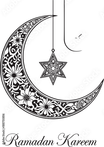 Minimalist dark teal Ramadan Kareem vector featuring a solid crescent moon hanging stars and elegant script typographic greeting.