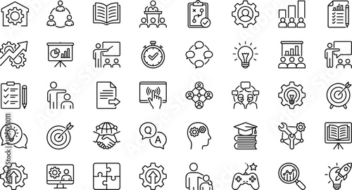 Business icons, education symbols, teamwork visuals, productivity tools, innovation graphics, strategy, planning, learning, collaboration, goals, charts, ideas, growth