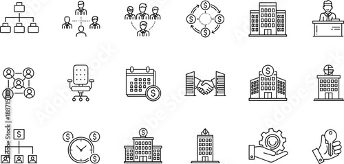 Business icons, finance symbols, organizational chart, teamwork, office building, management, partnership, financial planning, corporate structure, operational control, productivity, success