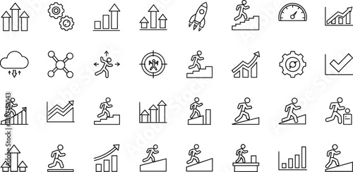 business icons, growth symbols, performance metrics, career progress, data charts, rocket launch, goal setting, cloud upload, success, development, analytics, optimization, strategy, stairs