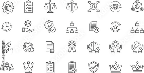 Business icons, management symbols, leadership graphics, teamwork illustrations, project planning, corporate strategy, productivity tools, organizational charts, justice scales, innovation rocket