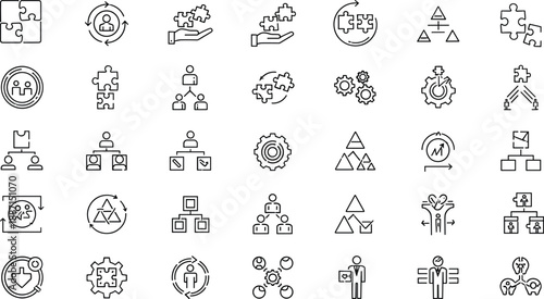Business icons, management symbols, teamwork graphics, organizational structure, process optimization, strategy visuals, corporate elements, workflow, leadership, planning, decision-making, HR