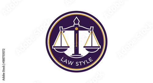 Elegant Legal Emblem Featuring Scales of Justice and Law Style Text on a Purple Logo