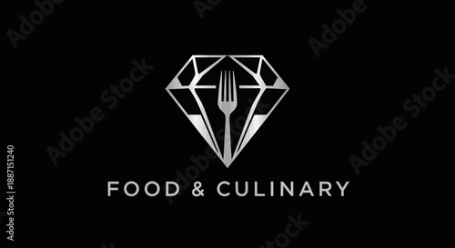 Elegant Food And Culinary Logo With Diamond Shape And Silver Fork On Black Background