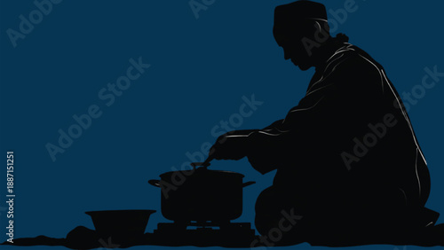 Person cooking at night for sehri silhouette, Ramadan pre-dawn meal preparation vector illustration
