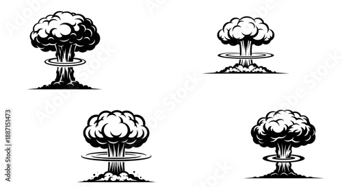 Set of four nuclear explosion vector  illustrations in black and white