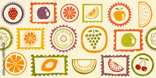 Colorful fruit illustrations in decorative frame shapes seamless pattern design