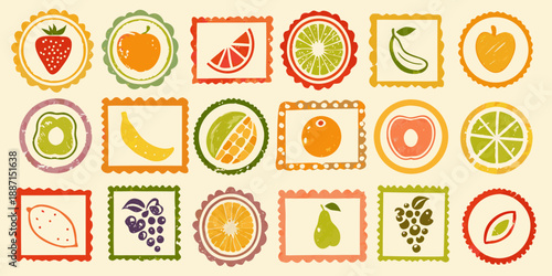 Colorful collection of fruit stamps arranged in a grid pattern