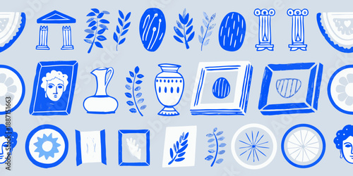 Blue and white classical motifs a repeating pattern of ancient artifacts