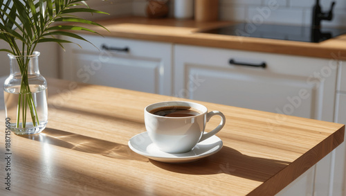 Wallpaper Mural A clean kitchen table with a ceramic cup of coffee, soft morning light, and natural shadows Torontodigital.ca