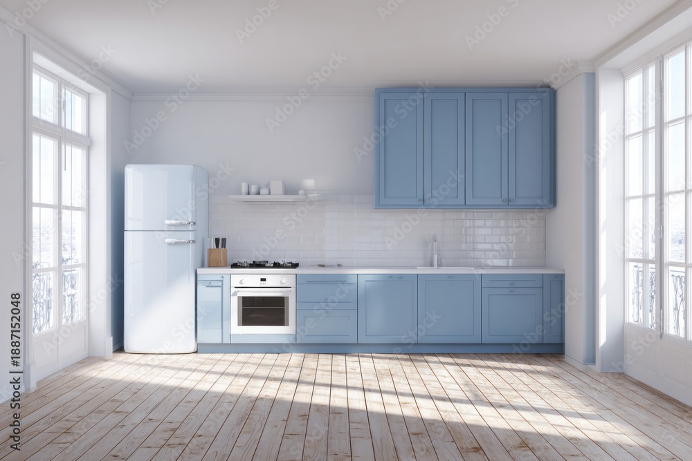 Fototapeta premium Bright kitchen with pastel blue cabinetry and vintage refrigerator.