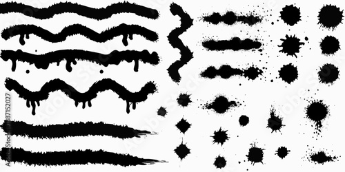 Collection of diverse black spray paint brush strokes and splatter effects