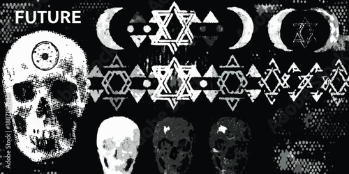 Dark futuristic illustration featuring skulls geometric shapes and the word future