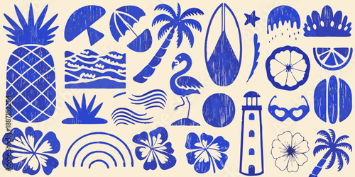 Blue and white tropical illustrations palm trees pineapples and ocean elements