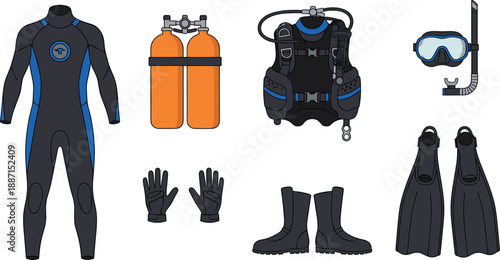 Scuba Diving Equipment Illustration Set Featuring Wetsuit, Tank and Gear Accessories
