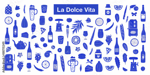 A blue patterned collection of italian themed objects and the phrase la dolce vita