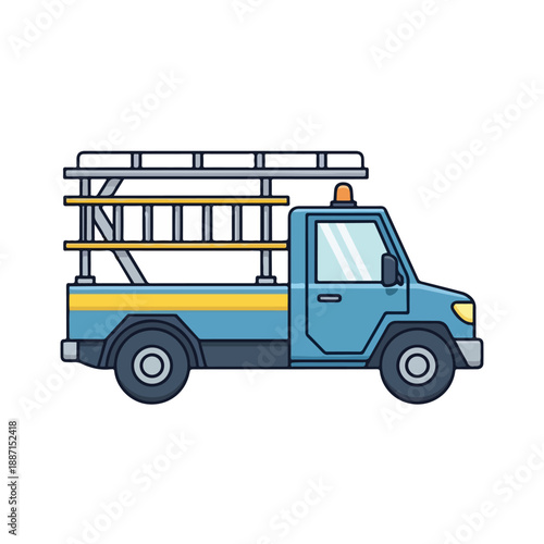 A blue truck with a ladder on the back for construction or rescue