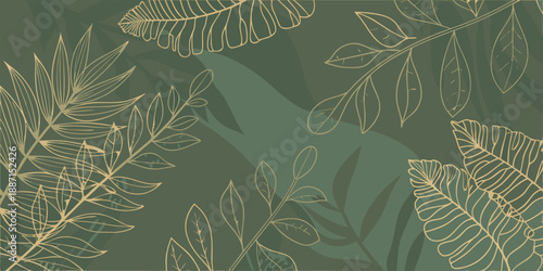 Elegant tropical leaves illustration in golden lines on a muted green background