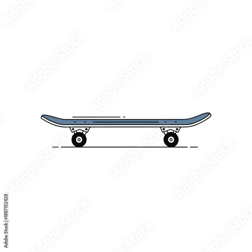 Side view of a skateboard with blue deck and black wheels