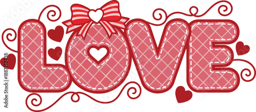 Stitched Love Text Vector Illustration with Hearts and Decorative Swirls for Valentine's Day