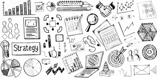 Business concepts and strategy doodles charts handshakes and office tools