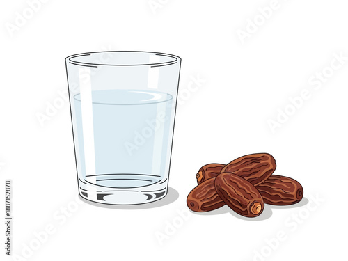 A glass of water and a pile of brown dates on a white background