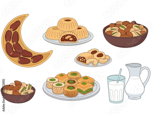 Assortment of Middle Eastern sweets dates nuts and milk drinks
