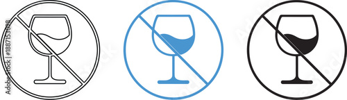 No alcohol sign variations: outlines, blue, and filled designs for prohibition