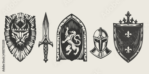 Vintage collection of medieval weaponry shields sword and a knight s helmet