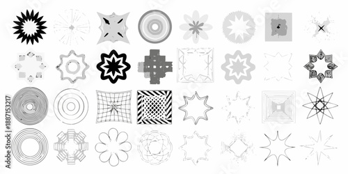 Collection of diverse geometric shapes and patterns in grayscale tones