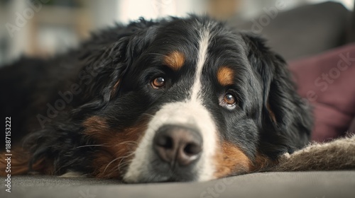 bernese mountain dog relaxed indoors, family safety advertising