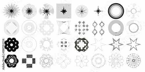 Collection of abstract geometric shapes and circular patterns in grayscale