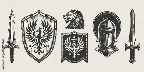 Vintage warrior weapons and heraldic shields in a detailed black and white engraving