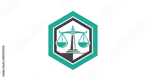 Equilibrium Symbol Featuring Scales Inside A Teal And Dark Gray Hexagon Design