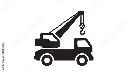 Flatbed tow truck with crane lifting hook isolated on transparent background