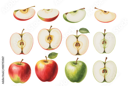 Apple slice and whole fruit collection with red and green varieties in hand-painted watercolor.