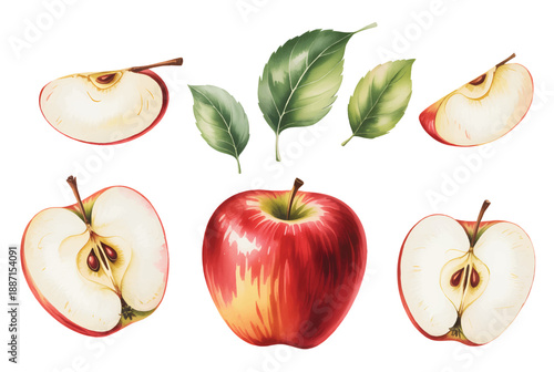 Red and apples with sliced and halved views in traditional hand-painted watercolor 