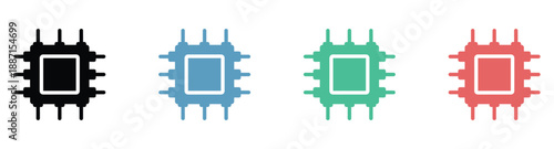 Colorful microchip icons in black, blue, green, and red for tech designs